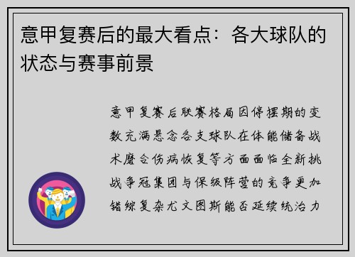 意甲复赛后的最大看点：各大球队的状态与赛事前景