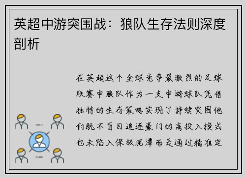 英超中游突围战：狼队生存法则深度剖析