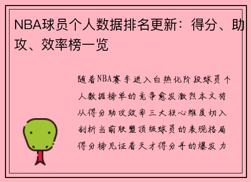 NBA球员个人数据排名更新：得分、助攻、效率榜一览
